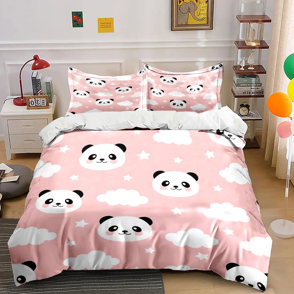 

Cute pandas with clouds pink background Bedding Set for Kids Luxury Gift 3pcs Digital Print Comforter Set Soft Comfortable