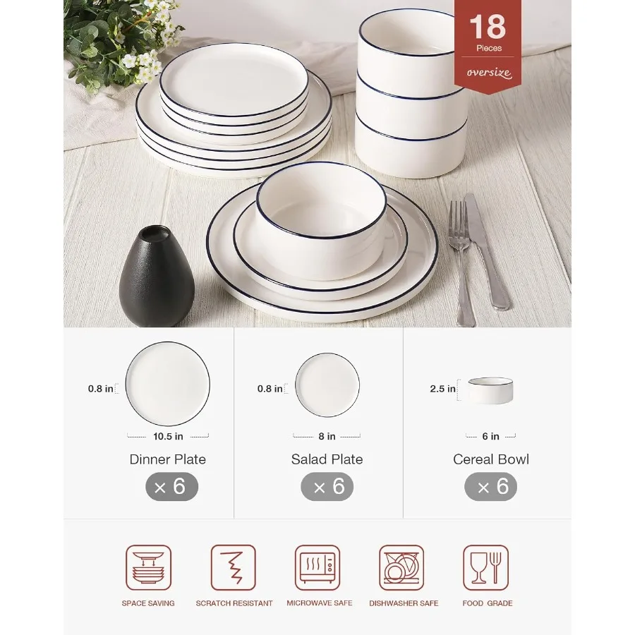 طقم أواني طعام بورسلين حديث مكون من 18 قطعة لـ 6 قطع باللون الأبيض مع أدوات مائدة آمنة للاستخدام في الميكروويف وغسالة الأطباق مثالية للاستخدام اليومي #2