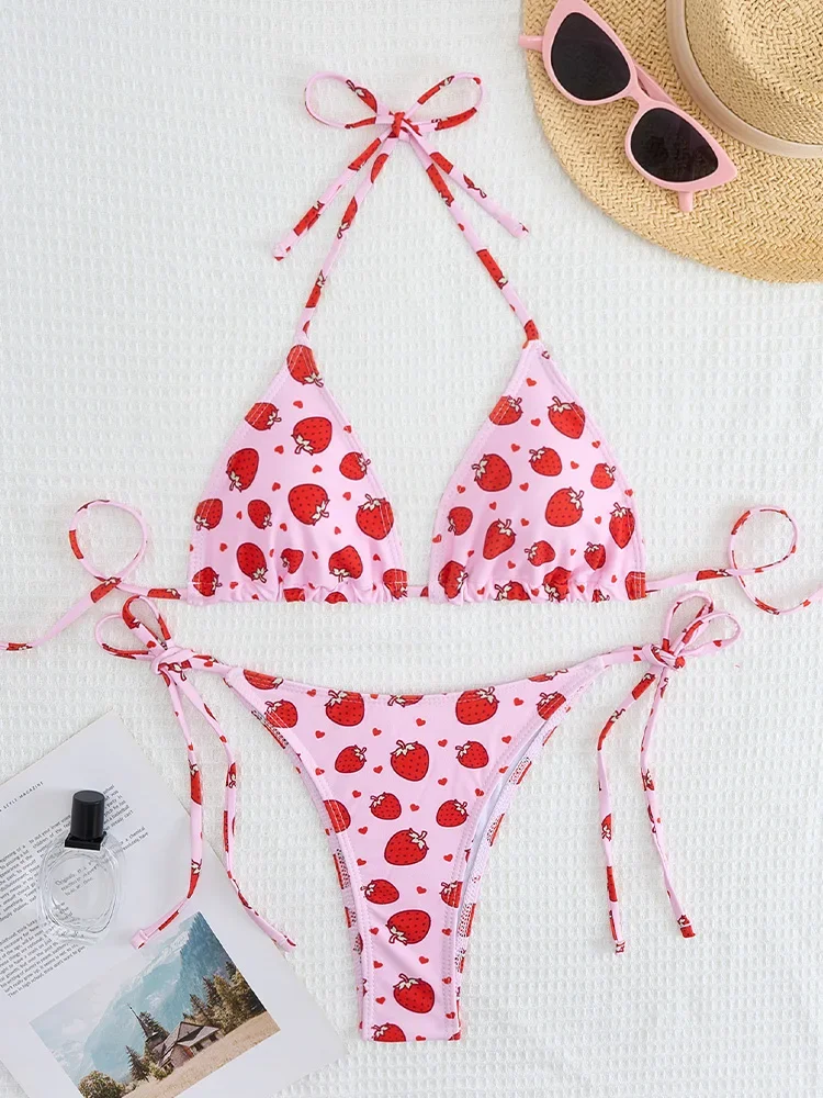 Sexy Split Print High Waist Bikini 2 Piece Set Women Laced Up Swimsuit Backless Beach Bikini 2025 New Summer Swimwear Bikini Set