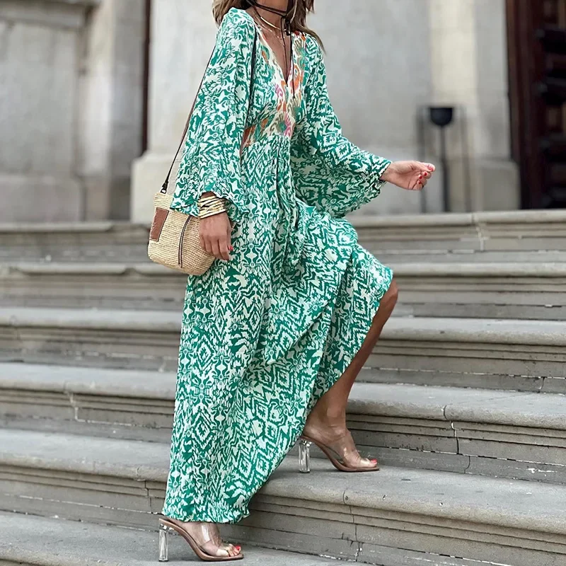 

Summer Dress Women Puff Sleeve A Line Dress High Waist Pleated Dresses Sexy V-neck Green Elegant Print Beach 2025 Vestidos