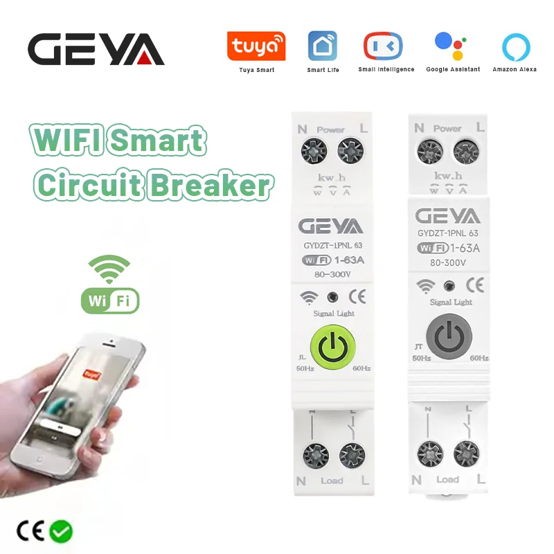 GEYA TUYA Smartlife 1-63A 1P+N WiFi/ZigBee Smart MCB Over Current Under Voltage Protection Circuit Breaker Timer Control Switch