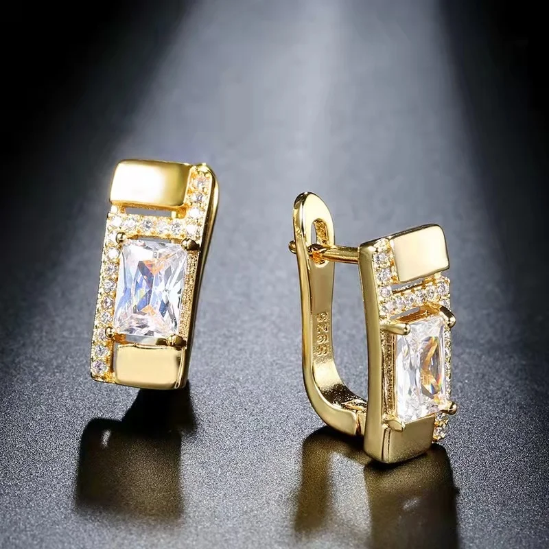 Exquisite Charm White Crystal Zircon Ear Buckle Earrings for Women Creative Rectangular Bridal Wedding Earring Anniversary Gift