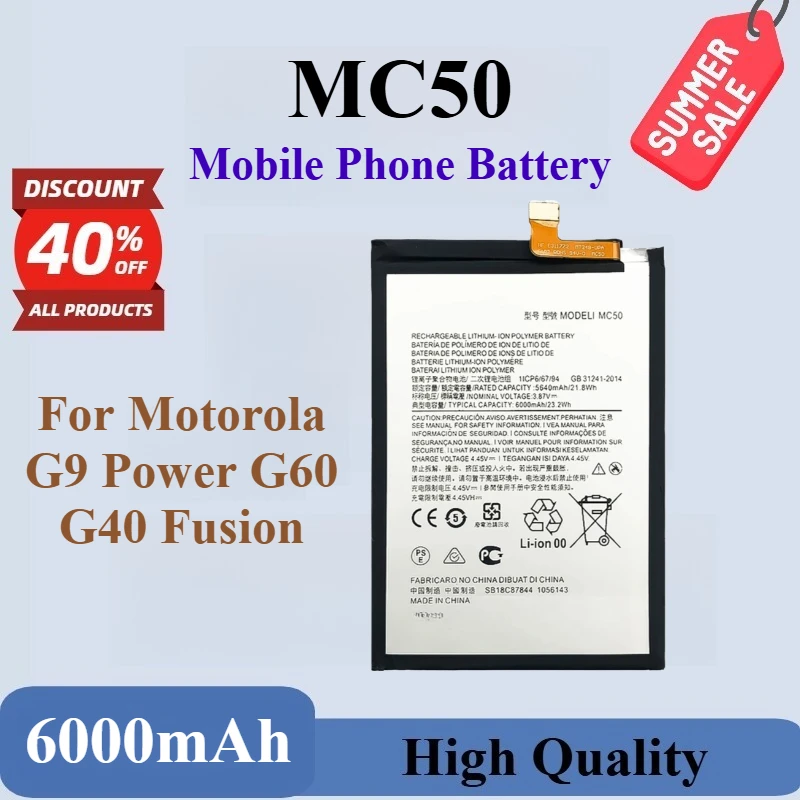 

New High Capacity​ Mobile Phone Battery MC50 3.87V 6000mAh For Motorola G9 Power G60 G40 Fusion Rechargeable Li-Po Battery