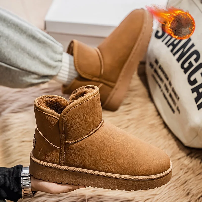 

Мужские большие хлопковые теплые кожаные непромокаемые зимние ботинки без шнуровки, хлопковые ботинки