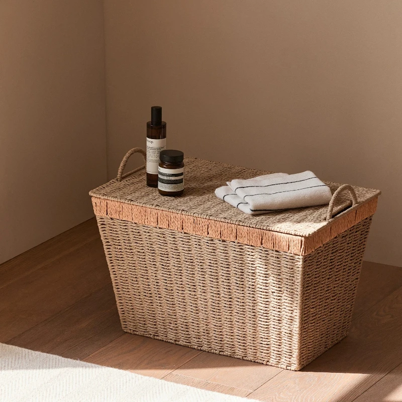 Dust-proof Lidded Home Storage Box Wicker Look Storage Basket Toy Snack Organizer Living Room Clothes Container for Household