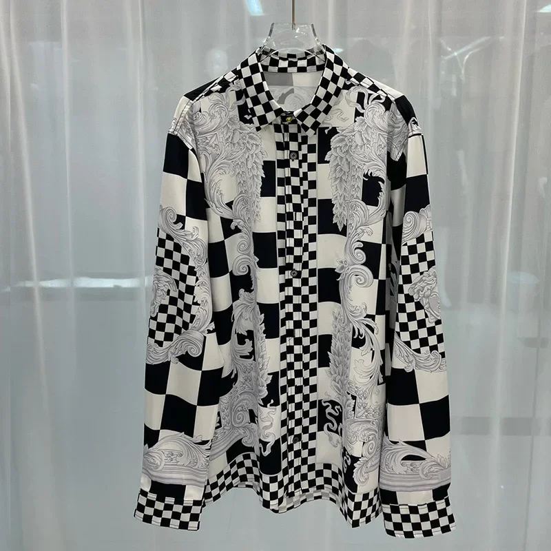 High-end moda rahat büyük boy çok yönlü popüler uzun kollu genel baskı uzun kollu gömlek Vintage gevşek yaka cep