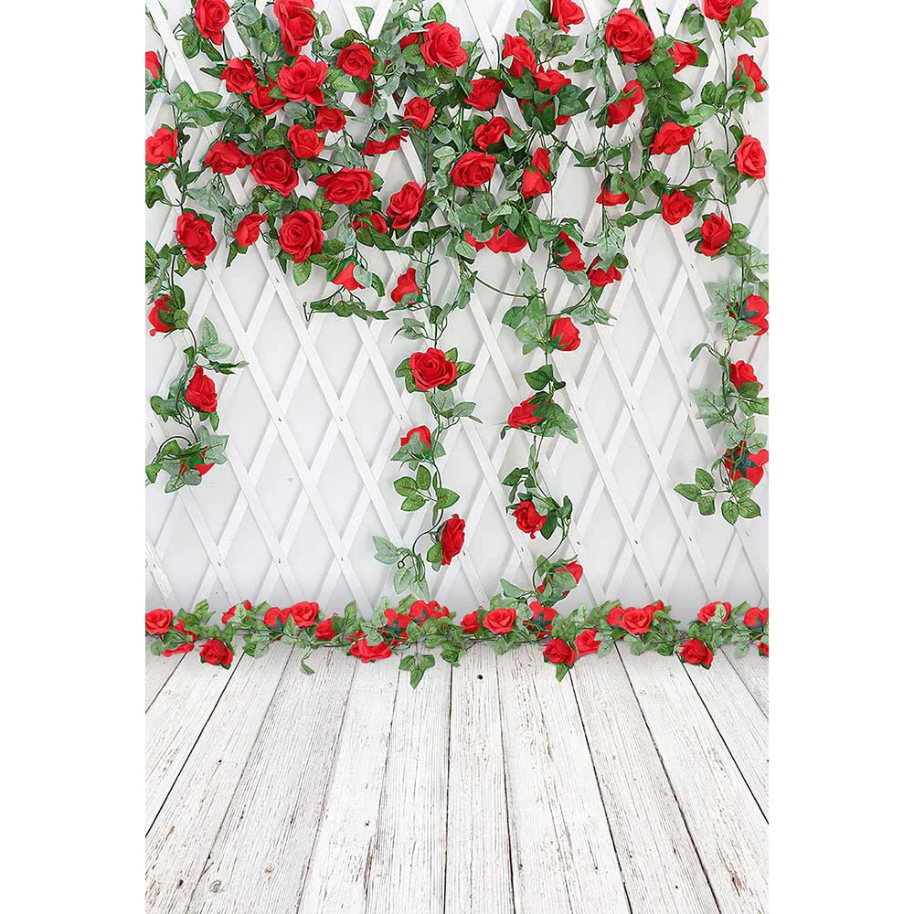 

Rose Flower Backdrop White Wood Floor Valentine's Day Photo Background Love Fence Wall Photoshoot Props Decoration