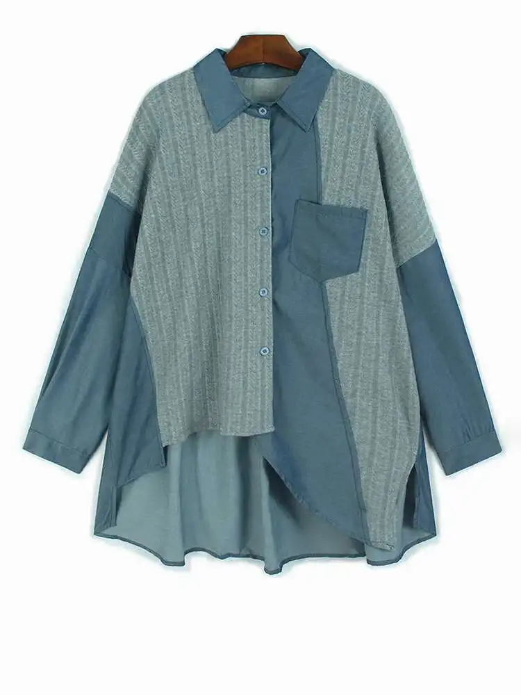 

Women Black Irregular Denim Knitting Big Size Blouse New Lapel Long Sleeve Shirt Fashion Tide Spring Autumn