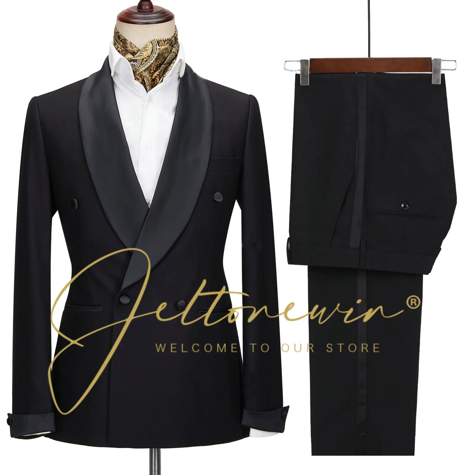 

JELTONEWIN Black Double Breasted Men Suits For Wedding Shawl Lapel Groom Tuxedos Male Party Dress Terno Masculino Mens Suits