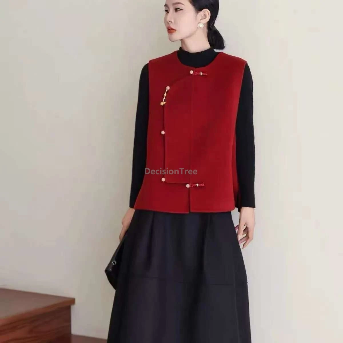 Chinese style tang suits vest with pendant oriental style vintgae vest women red spring festival elegant temperament warm vest