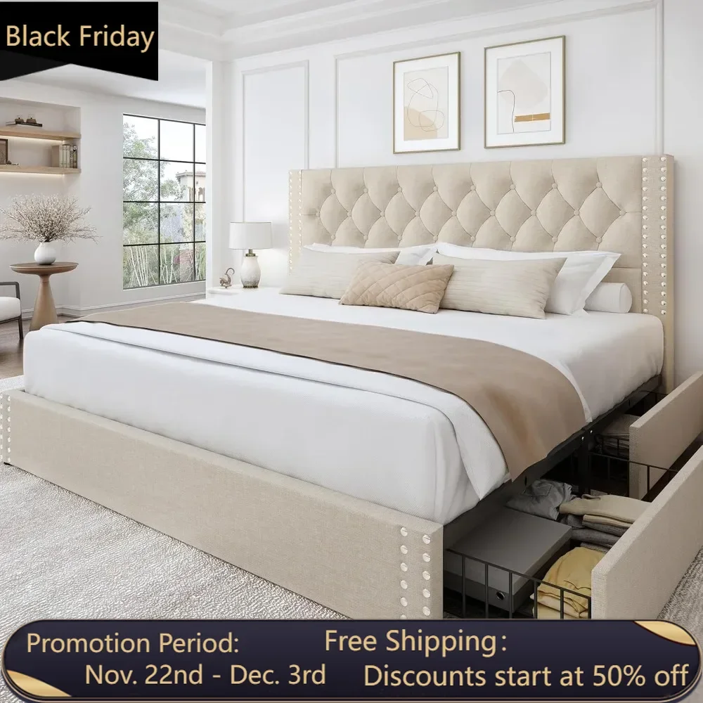 

King Size Platform Bed Frame with 4 Storage Drawers and Headboard Linen Upholstered Bed Frame Tufted Beds with Wood Slats