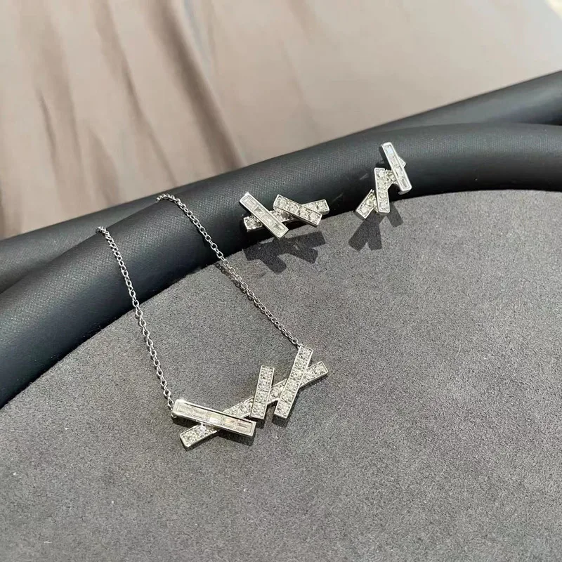 S925 silver luxury geometric pattern rectangular-shaped fashionable multi-purpose necklace and stud earrings for parties and jew
