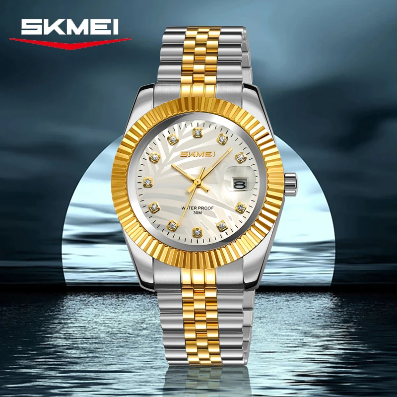 SKMEI 9418 New Men Women Wristwatches Waterproof Date Business Man Clock Stainless Steel Quartz Leaves Dial Men's Watches Reloj