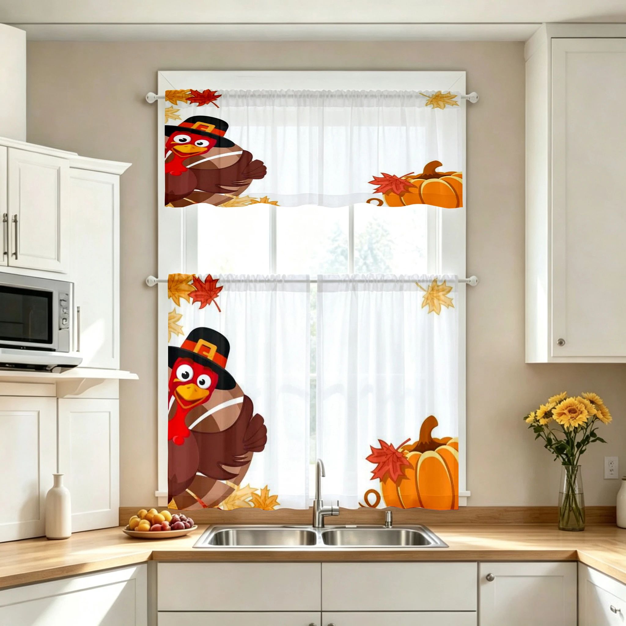 Thanksgiving Fall Kitchen Curtains, Thanksgiving Turkey, Digital Print, Kitchen Dining Room, Rod Pocket Polyester, Home Decor