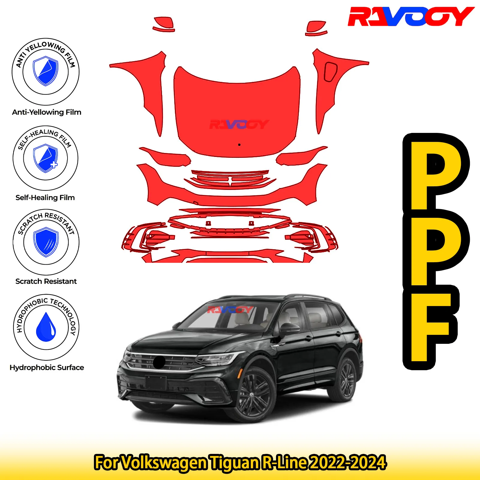 

Для Volkswagen Tiguan R-Line 2022-2024 глянцевая матовая черная предварительно вырезанная передняя защитная пленка PPF Kit