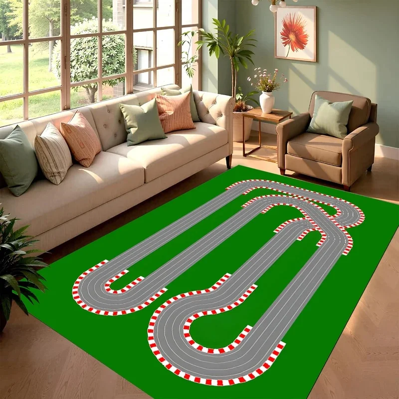 VIKAMA Racing Track Play Rug for Boys, Green Race Road Pattern Non Skid Large Area Carpet Kids Bedroom Playroom Decor