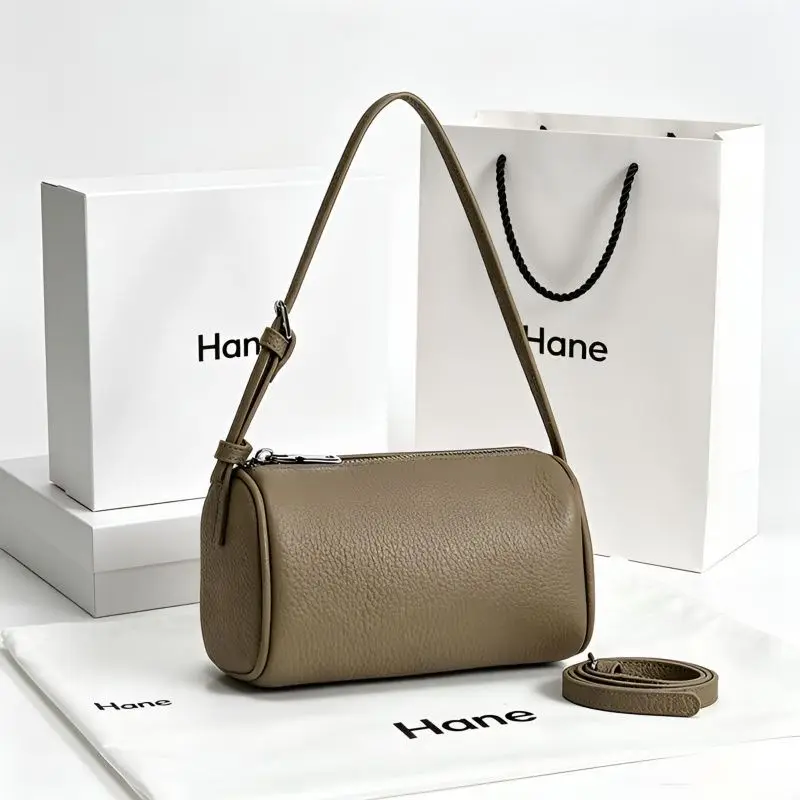 Beige Black Red Gray Cream Faux Leather Barrel Cylinder Crossbody Shoulder Bag Women Korean Vintage Minimalist Handbag For Women