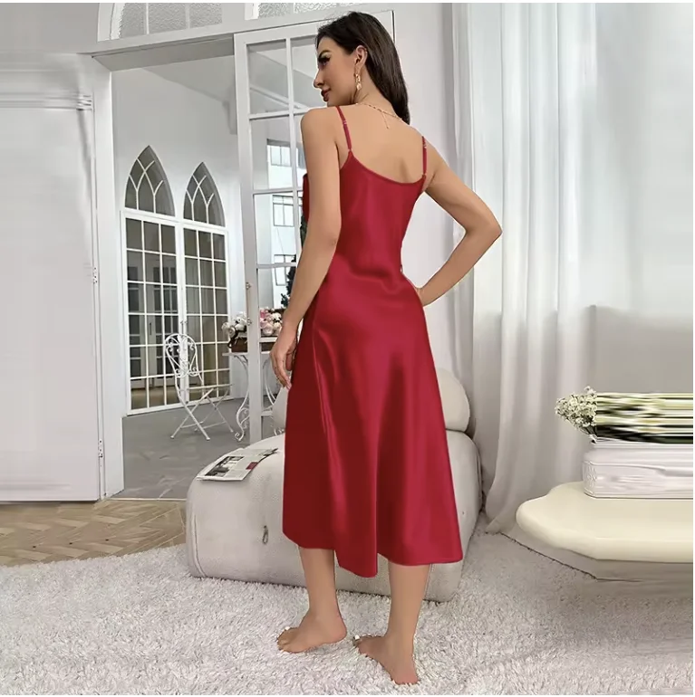 New Sexy Solid Color Long Nightdress Women's Pajamas Ice Silk Sexy Seductive Silk Stain Halter Pajamas Fashion Home Wear