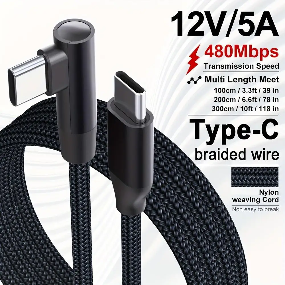 LAIHONEN PD 60W 90° Elbow USB-C to C Cable, Nylon Braided USB2.0, For IPhone17 Samsung S22-S10 MacBook Pixel All Type-C Carplay