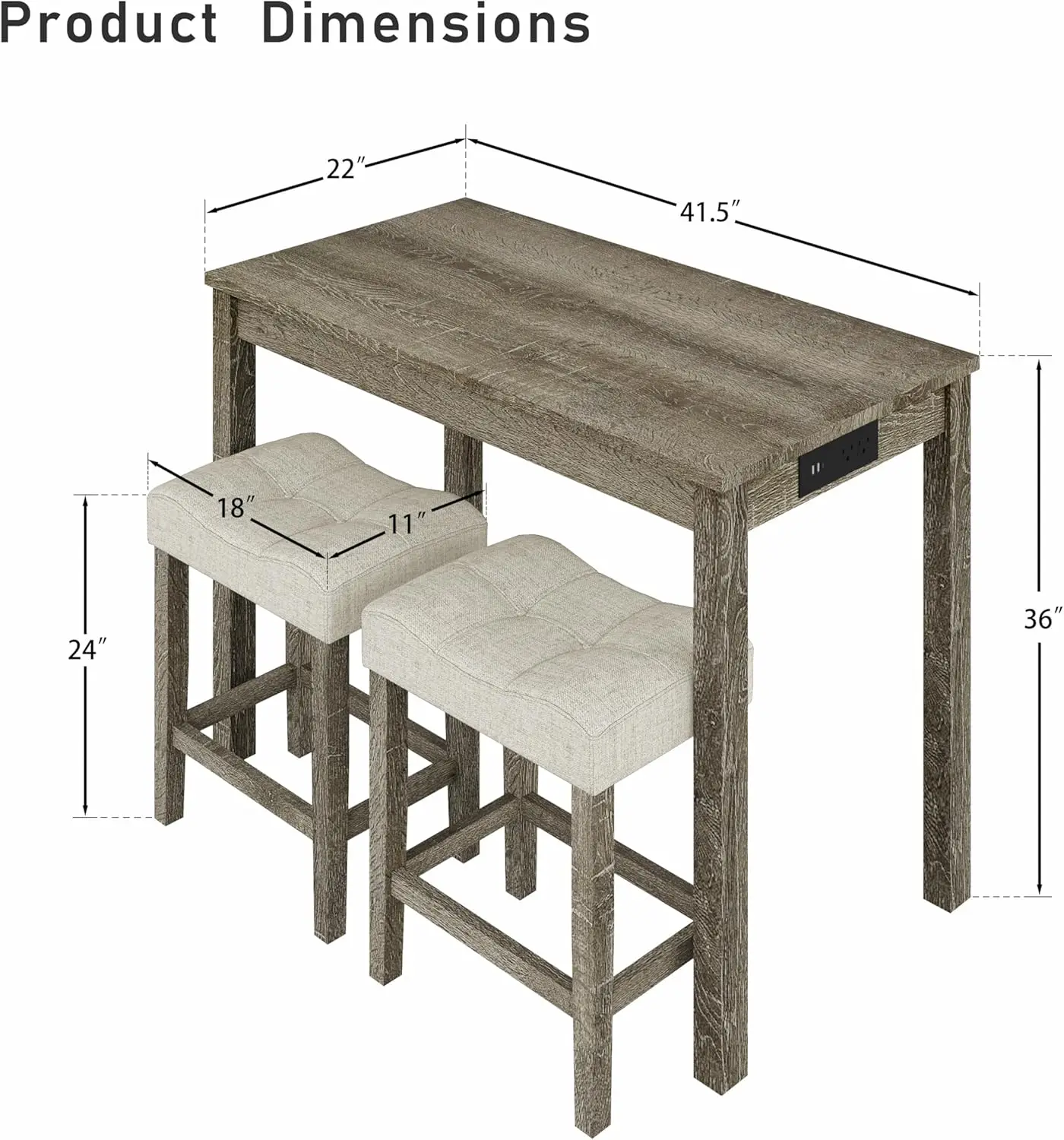[Limited Time Offer!]3-Piece Counter Height Bar Table Set with Socket and 2 Fabric Padded Bar Stools, Tall Kitchen Breakfast Din