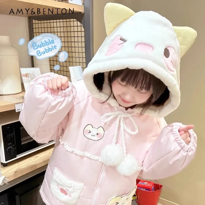 

Japanese Original Autumn and Winter Cute Kitten Print Waterproof Shoulder Sleeve Pocket Thickened Cotton Clothes Warm Coat Women