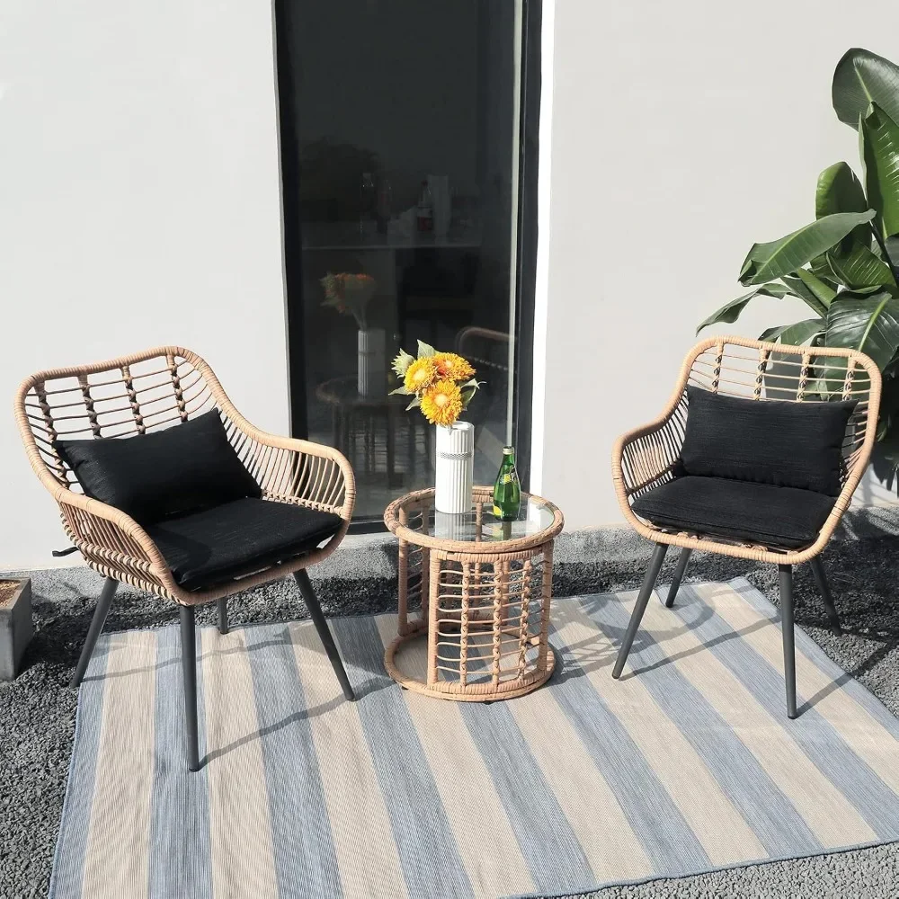 Conjunto de mimbre para Patio al aire libre, mesa lateral de centro con tapa de cristal redonda, conjunto de conversación de ratán para Patio, 3 piezas