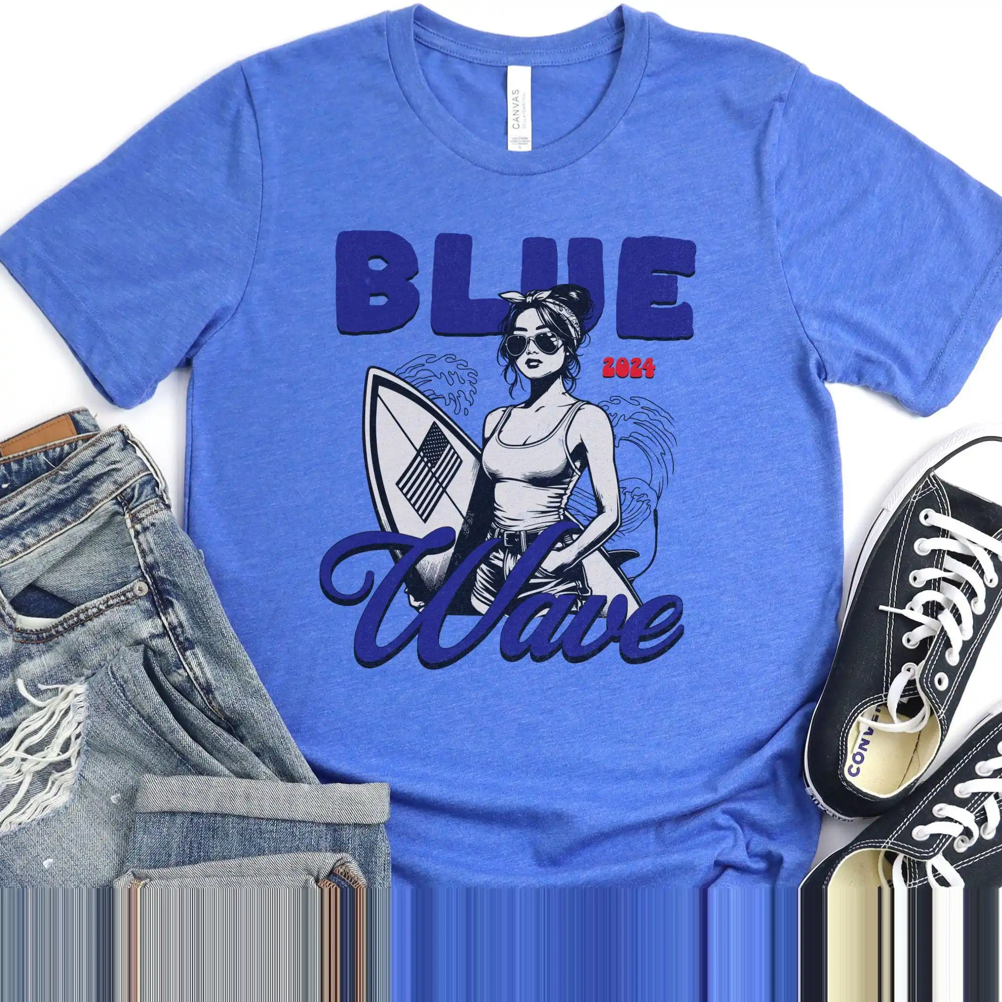 Vote Blue Wave Liberal Voter T Shirt Election 2024 Waves Feminist Womens Rights Voting Political Activism Kamala Harris