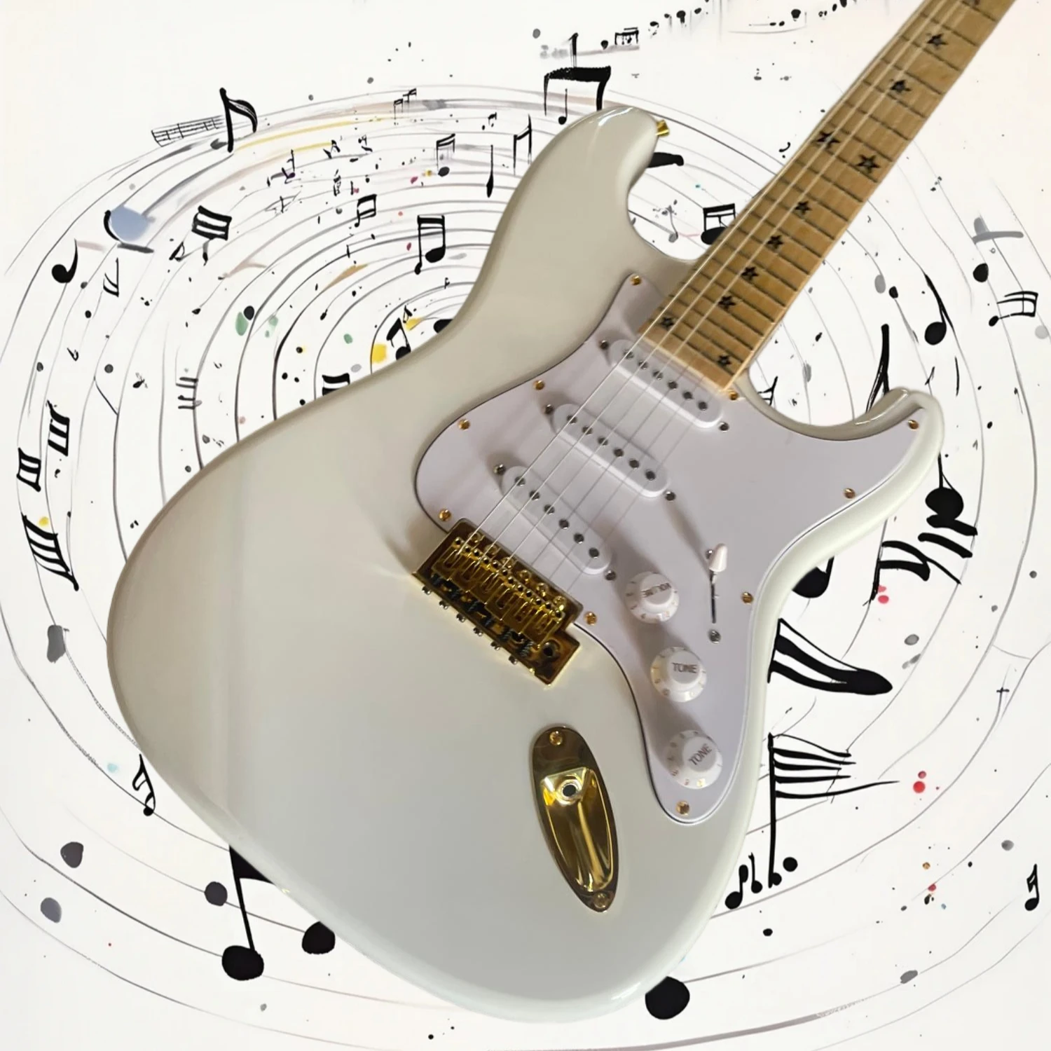 Free Shipping ST Electric Guitar Cream White 6 String SSS Pickups Gold Hardware Tremolo Star Inlay Fretboard Beginner Present
