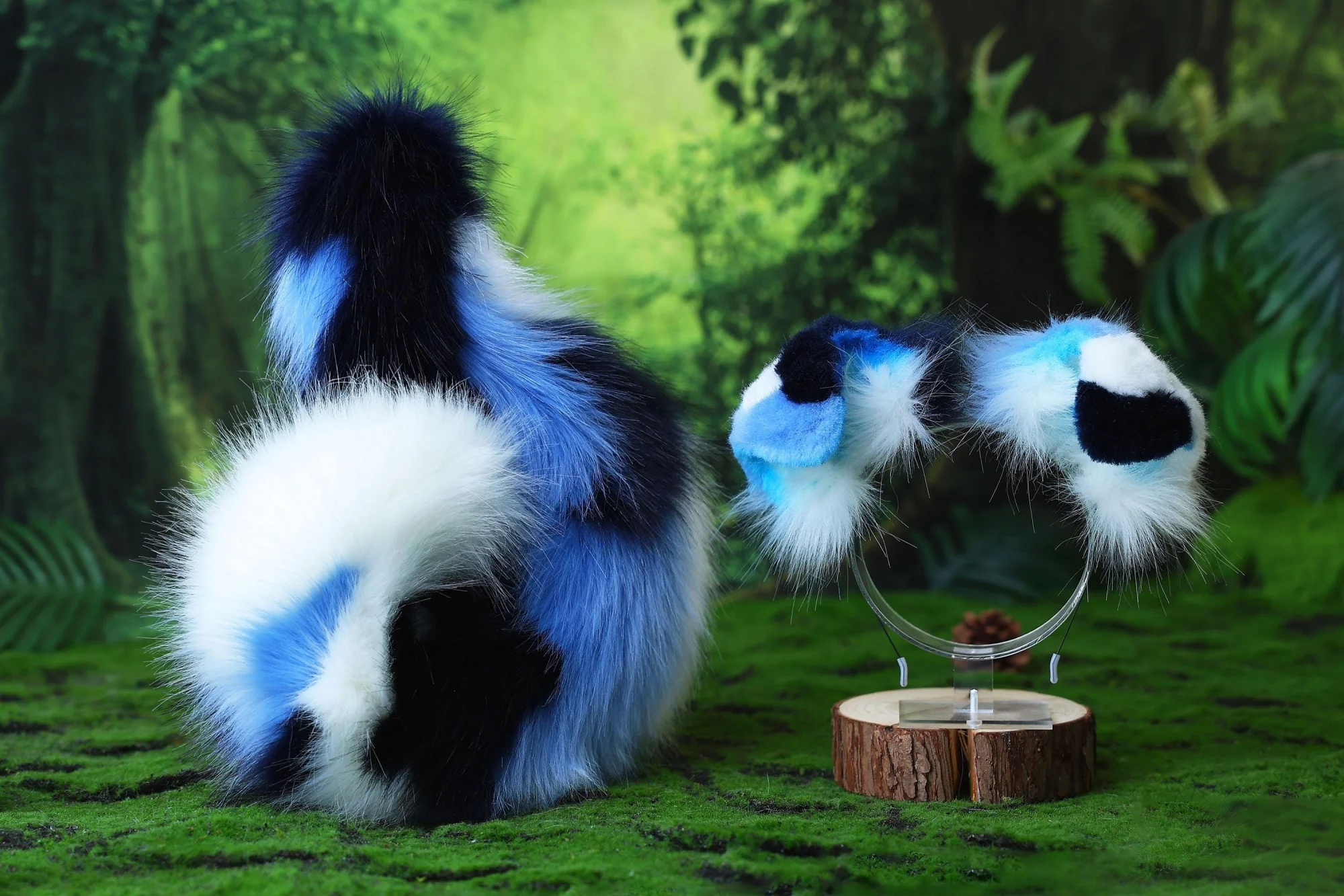 Blue Calico Shepherd Dog Tail and Ear Faux Fur Splicing Dog Ear and Tail Anime Cosplay Therian Puppy Ear and Tail Dog Kemonomimi