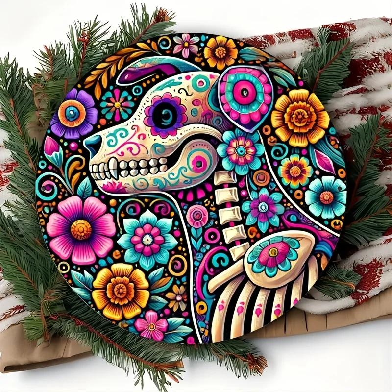 علامة دائرية خشبية ملونة ليوم الموتى الهيكل العظمي - تصميم زهور نابضة بالحياة، مثالية لتزيين المنزل والبار