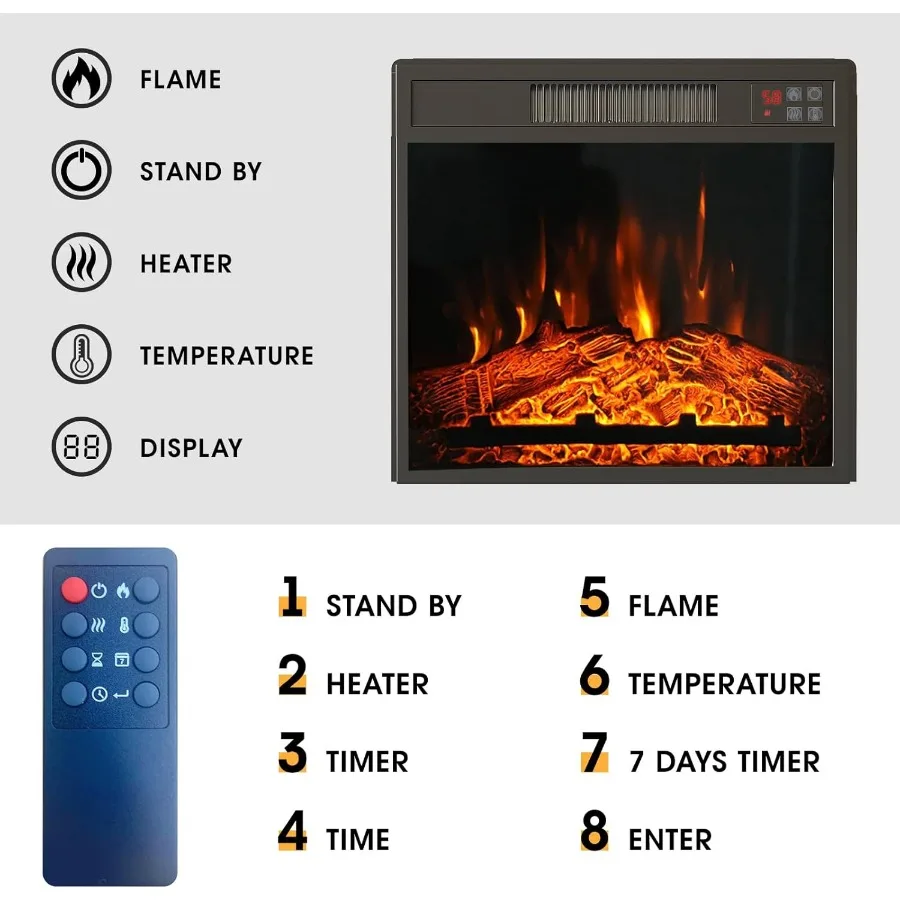 23 Electric Fireplace Insert for Recessed Installation with Low Noise Operation Remote Control Featuring Timer Function Touch S