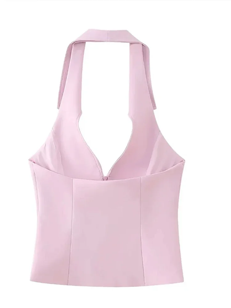 Conjunto de pantalones cortos rosas a la moda para mujer, tops sexys sin mangas con cuello en V, falda ajustada a la cadera para mujer, traje nuevo para primavera y verano 2024
