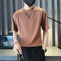 2023 Summer Men's Clothing Trend Slim Fashion Casual Short Sleeve Round Neck Solid Color Jacquard Weave Korean Version T-shirt