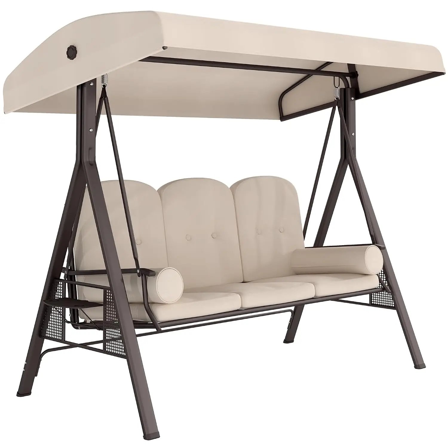 3-Seat Patio Swing Chair Adjustable Canopy Outdoor Porch Glider Removable Cushion Pillows Side Trays Garden Backyard, Customized