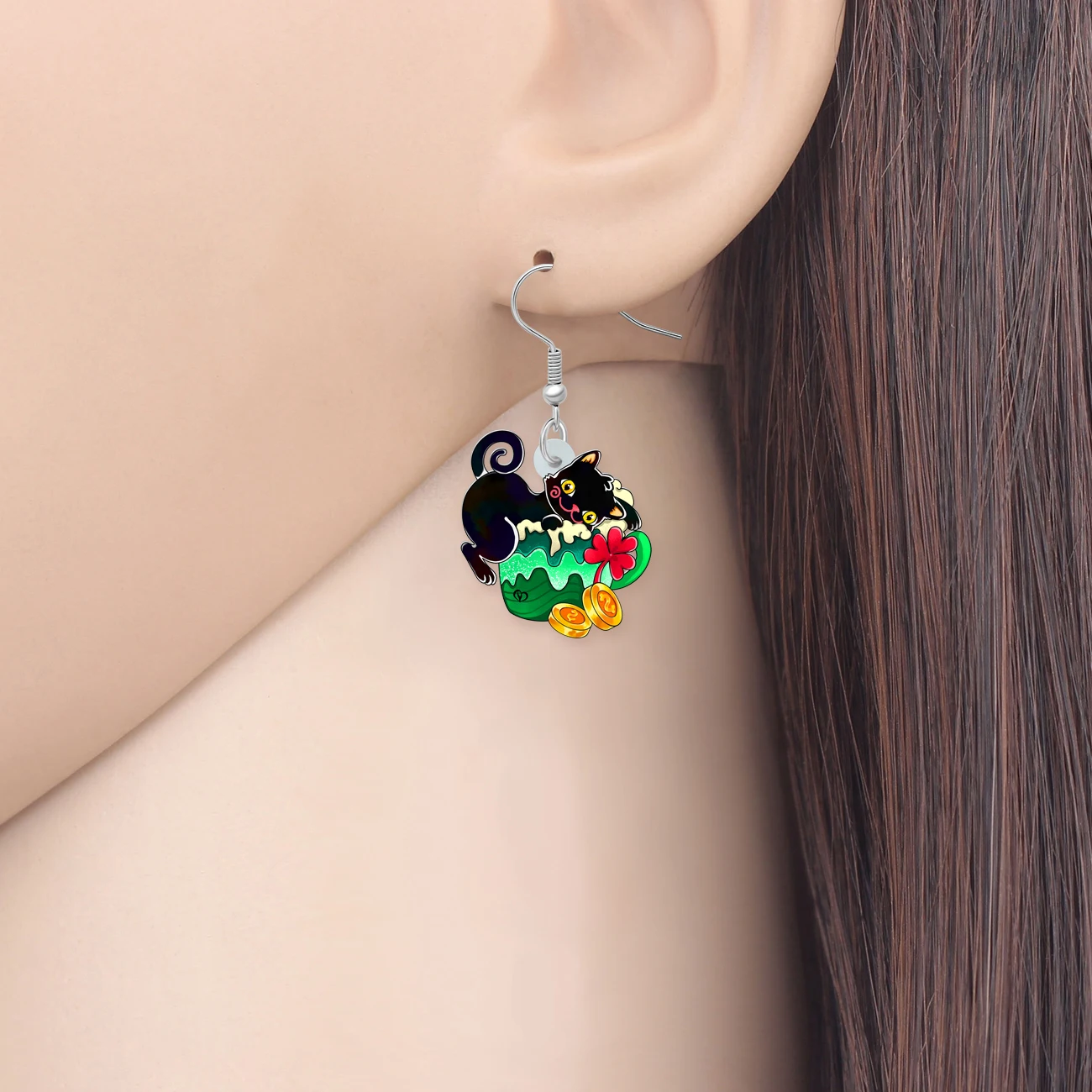 BONSNY Acrylic St Patricks Day Black Cat Earrings Irish Green Clover Cupcake Cartoon Kitten Animals Jewelry For Women Pet Lovers