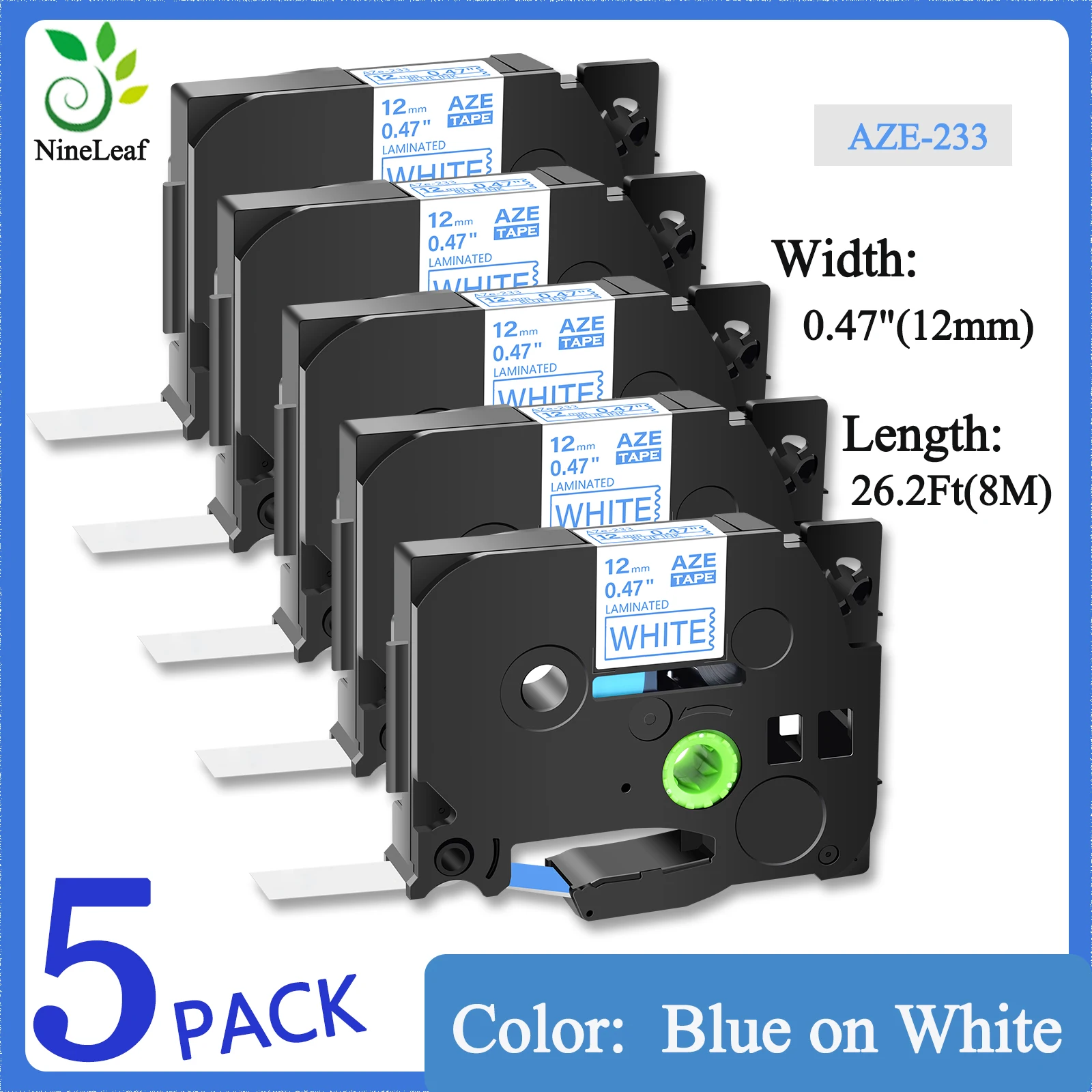 

5 PK Label Tape Blue on White Compatible For Brother Tze 233 12mm Laminated Tape For Printer PTD410 PTD610 PTE300 PTD460BT