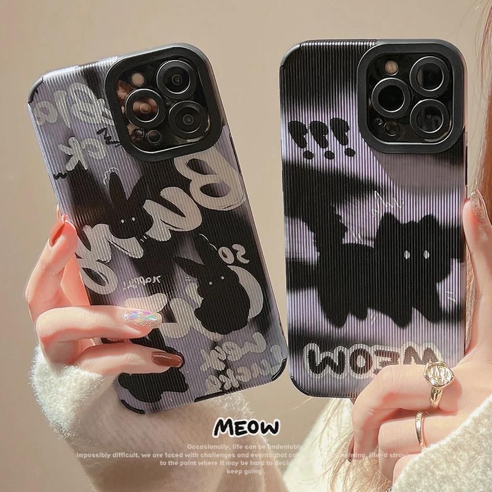 Ins Cute Art Graffiti Bunny Cat Phone Case for iPhone15 14 12 13 11 Pro ProMax Plus X XR Xsmax Shockproof Soft Cover