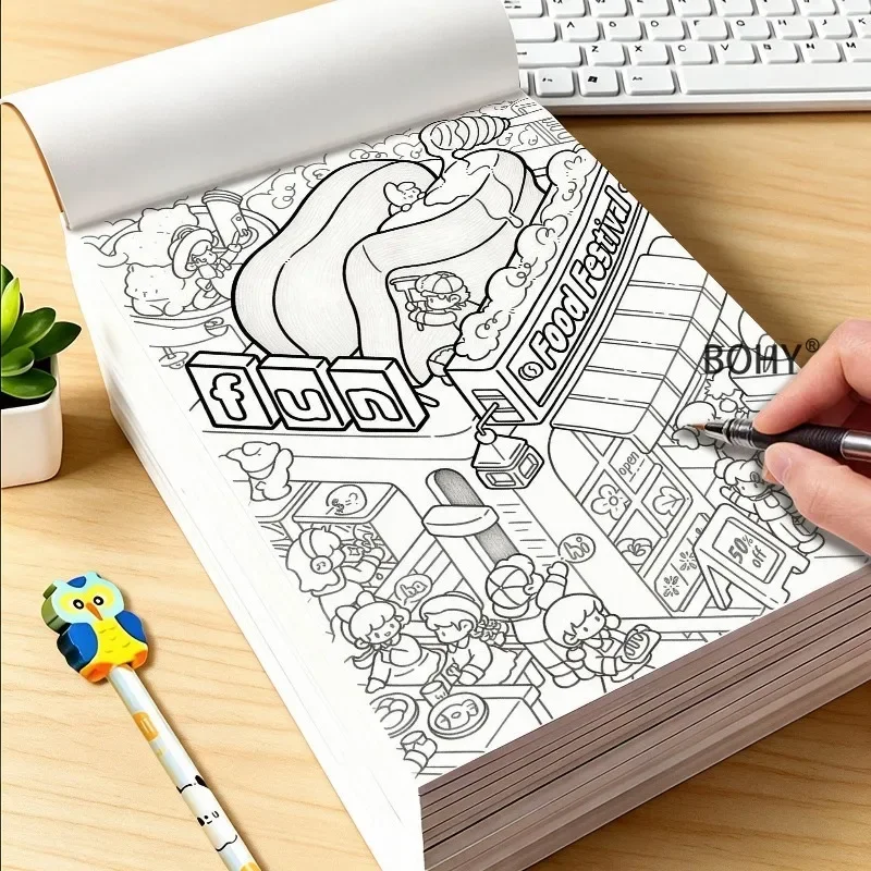 Drawing Lines and Coloring, 1 Adult Immersive Large Scene Decompression Coloring Album, Pass Leisure Time, Creative Art Gifts