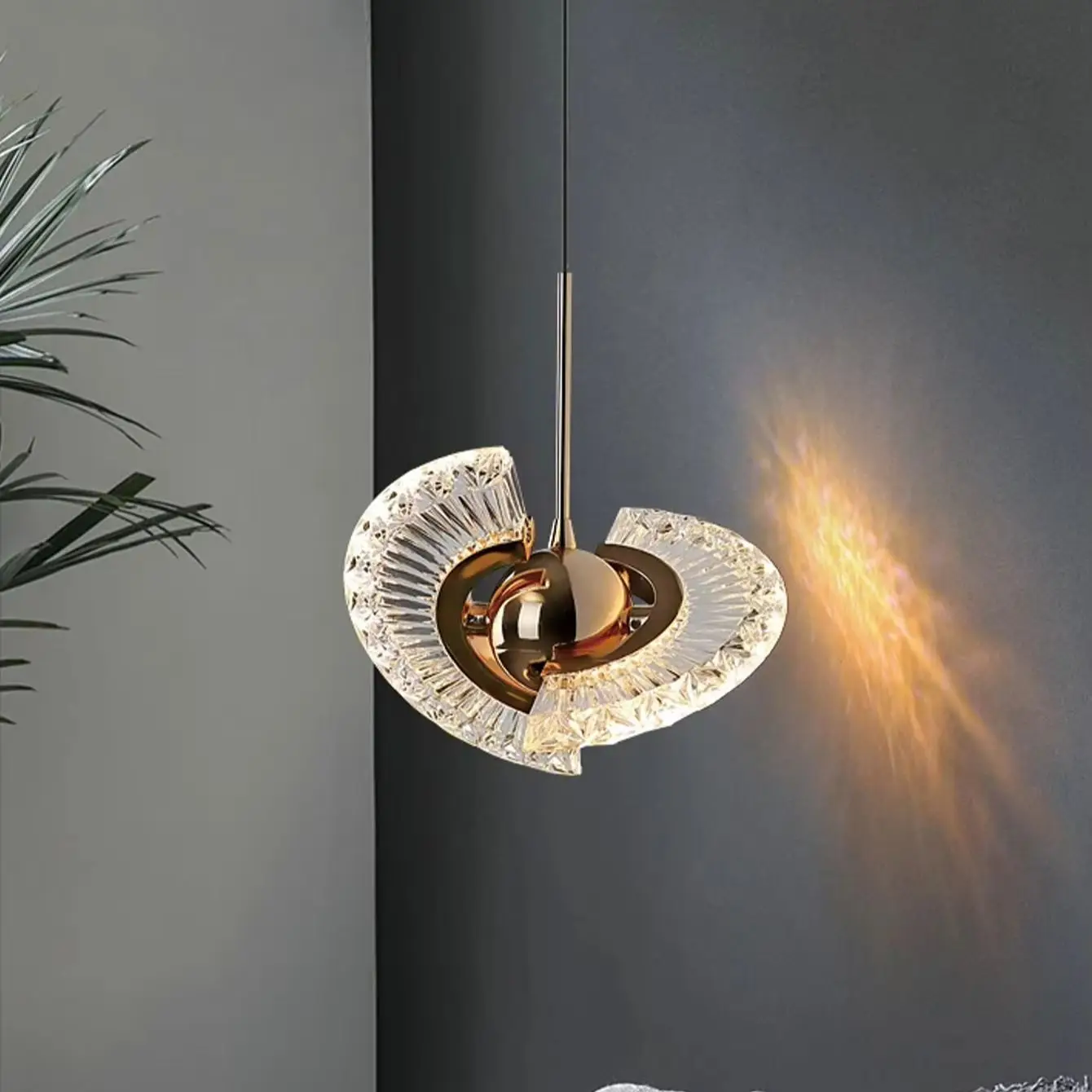 Premium Fan‑Shape Crystal LED Hanging Lamp Rose‑Gold Metal Pendant Light for Bedroom Bedside Dining Room Bar Decor
