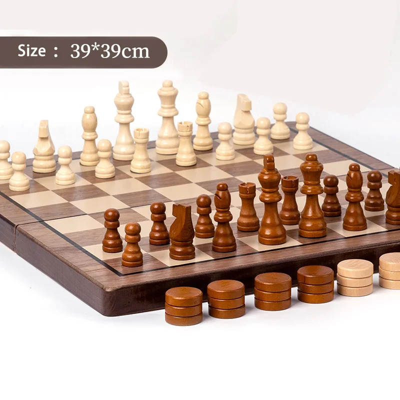 Luxury 4 Queen Wooden Chess Game 39x39cm Chess Checkers 2 in 1 Chess Set Folding Chessboard Board Game High Quality Gift