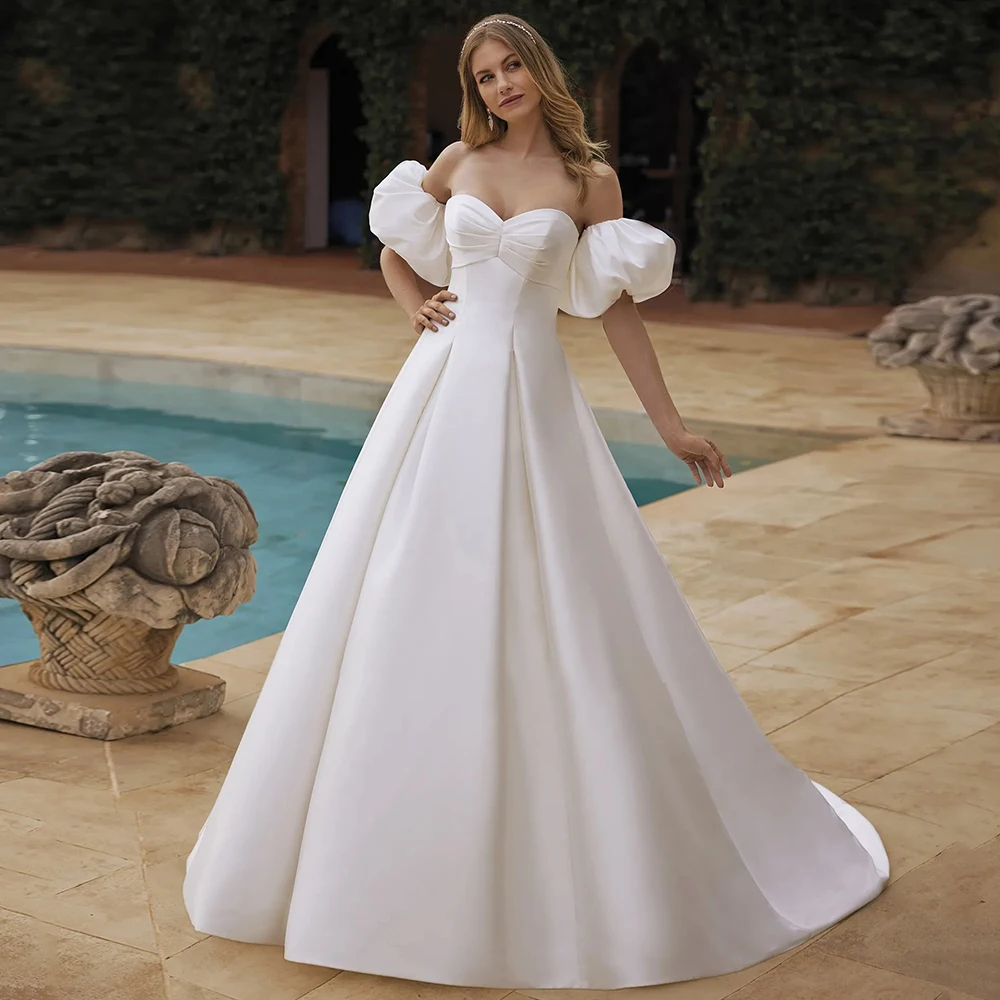 

Modern A-line Satin Strapless Wedding Dresses Woman Chic Detachable Sleeves Bridal Gowns Pleats Sweep Train Vestido De Novia