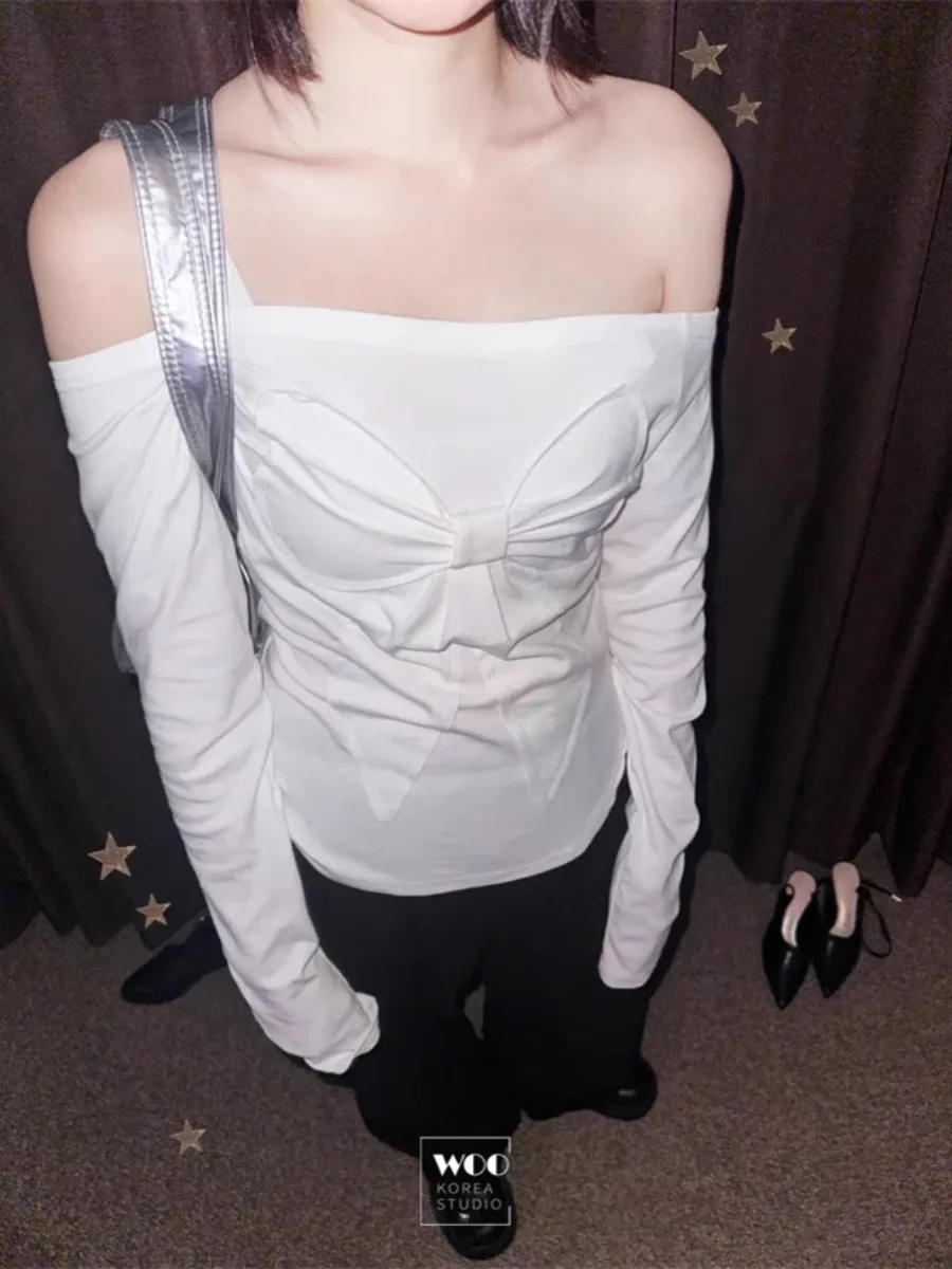 

Street Sle Long Sve Slim Fit oulder Bared Knot T irt Женский эксклюзивный дизайн Повседневный топ ort Length