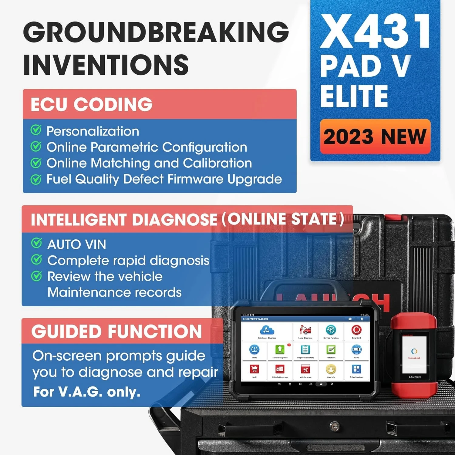 LAUNCH X431 PAD V elite Diagnostics Tool ECU Online Reprogramming J2534 Tool Coding Topology Map Active Test PRO5 PAD VII auto