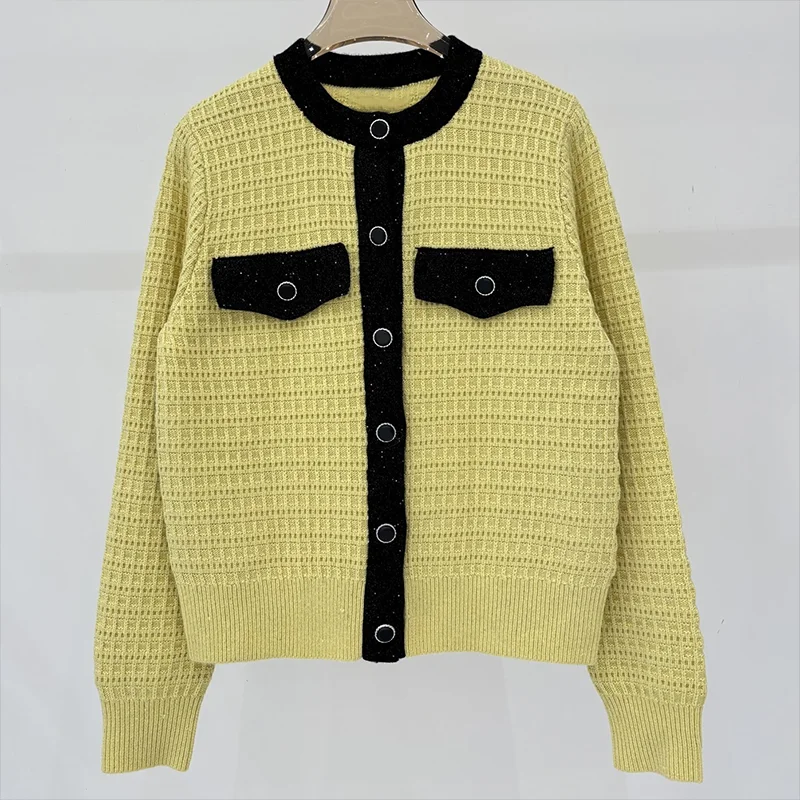 

High quality Color-matched edge women's knitwear round-neck cardigan sweater with small sequins 25120618