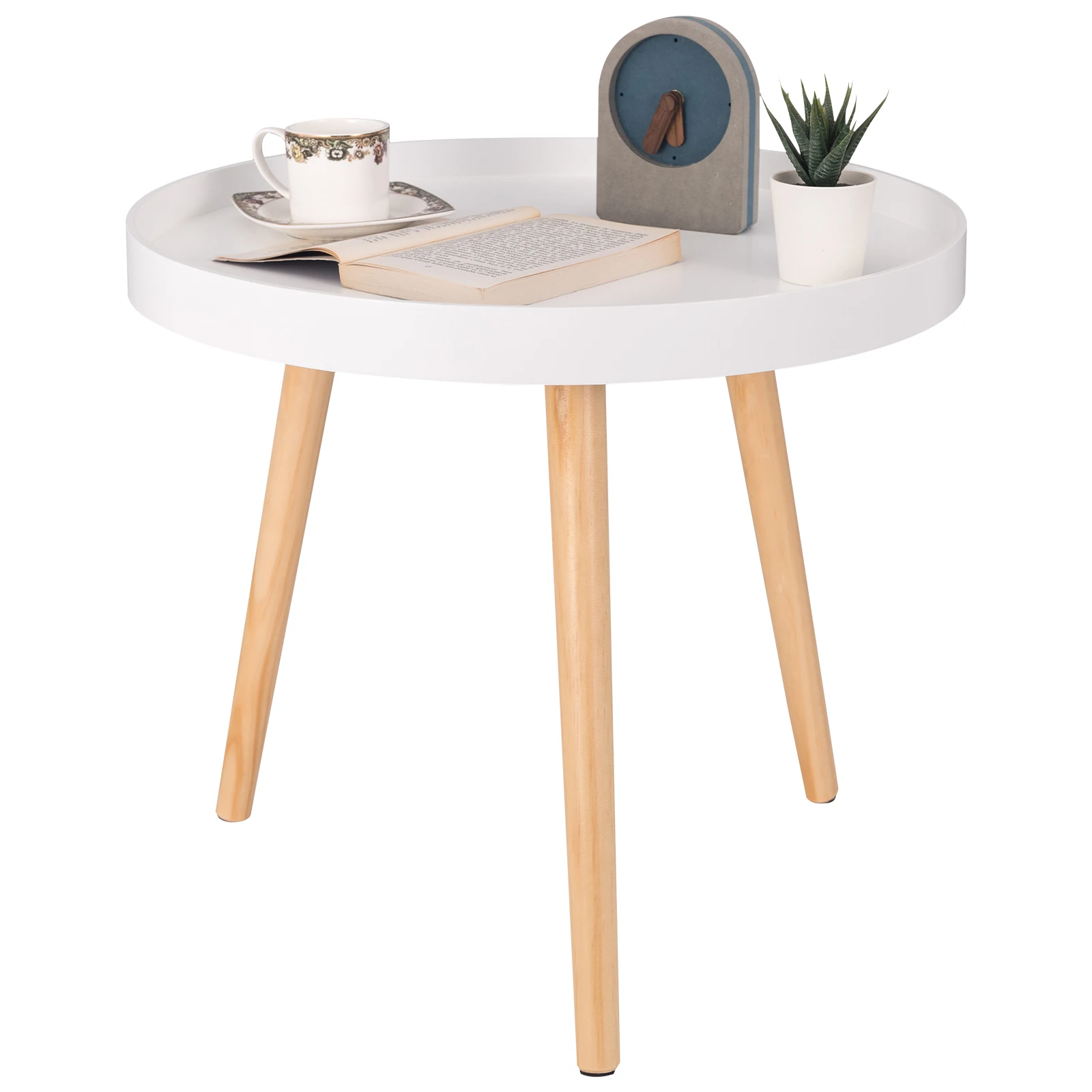 Image of WOLTU Runder weißer kleiner Couchtisch, Nachttisch, Blumenständer, Massivholz, skandinavisches Design, Obst-, Tee- und Snackteller, Tablett