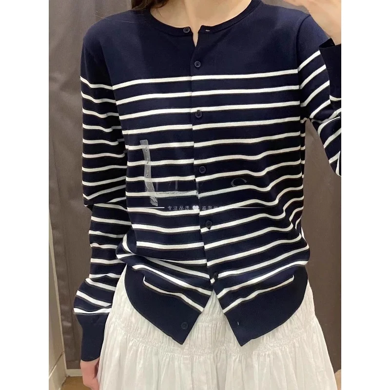 مشروط مزيج القطن طويلة الأكمام مخطط تريكو جولة الرقبة ربيع الخريف جودة الملابس النسائية TikTok جودة ملابس خارجية #3