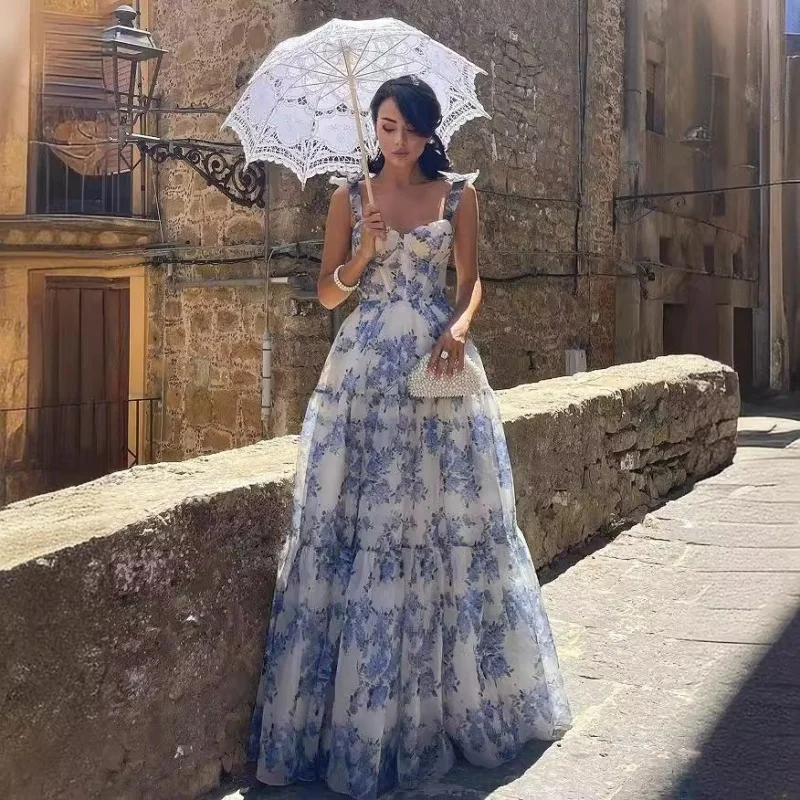 فستان سهرة من الأورجانزا بدون أكتاف ثلاثي الأبعاد مطبوع عليه زهور فستان رسمي طويل للحفلات للنساء من المكتب حتى الليل ​