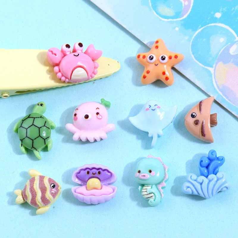 100pcs Cartoon Mini Marine Animal Resin Charm Turtle Starfish Crab Shell Fish Cabochon Diy Phone Crafts Decor Jewelry Findings