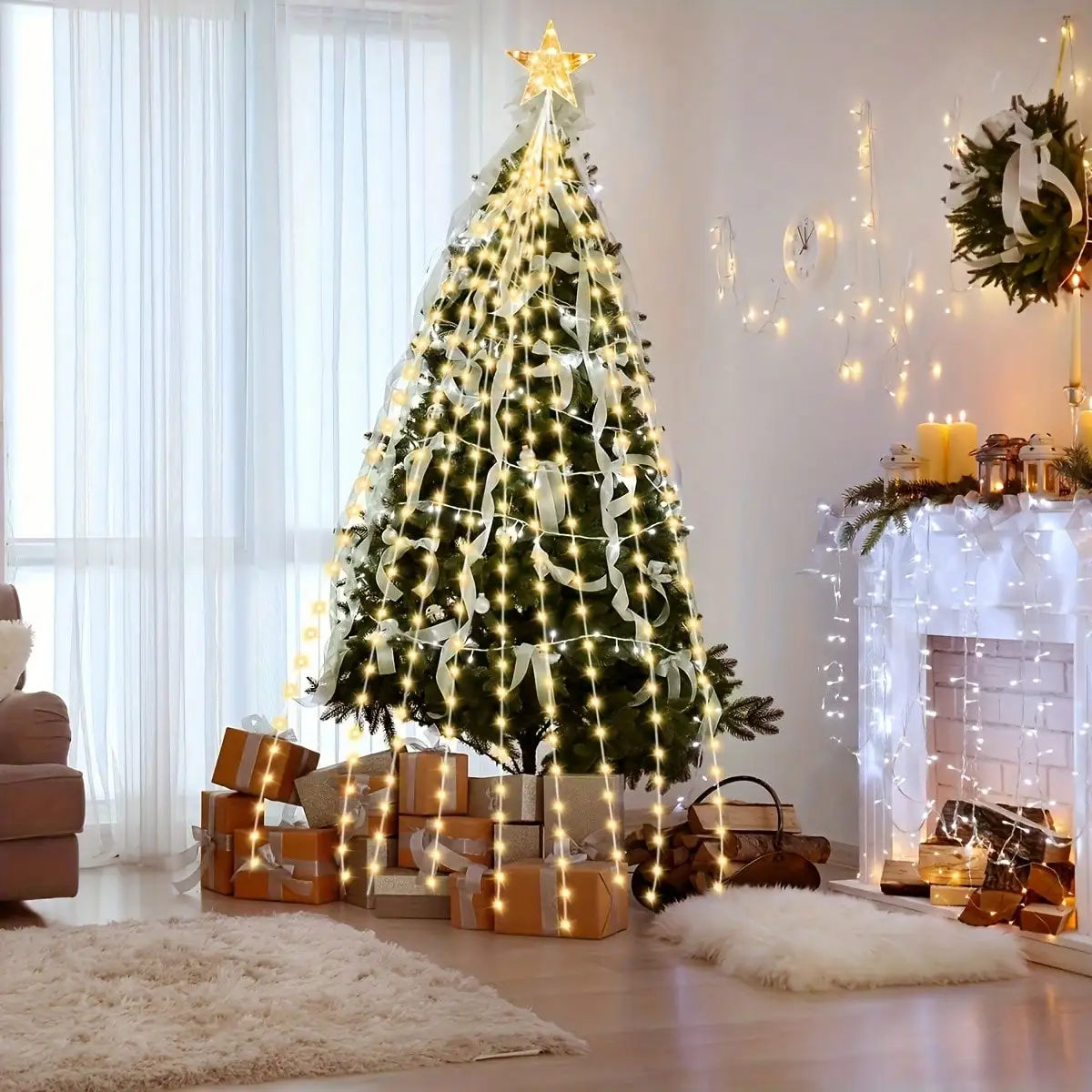 Solar Five-Pointed Star Waterfall Light: 210LED 6.56Ft 8 Modes, Multi/Warm Color Outdoor Xmas Decor