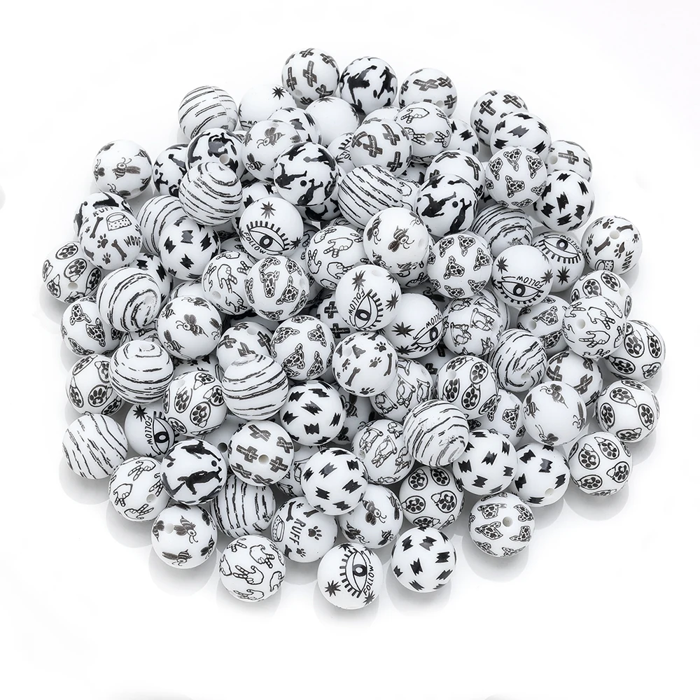 10Pcs Black&White Printed Silicone Beads Food Grade Teething Chew Beads DIY Baby Bracelet Pacifier Chain Making  Accessories view 3